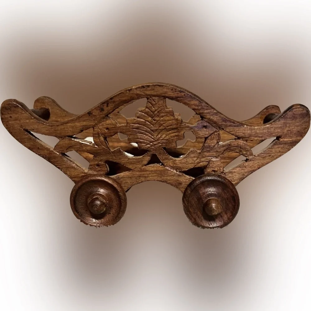 🔴Vintage Wood Carved Cart Coasters 1970’s Tableware Accent Decor